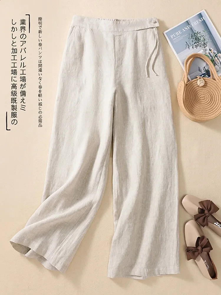Womens casual wide leg pants summer retro style solid color straight loose womens cotton linen pants 250411