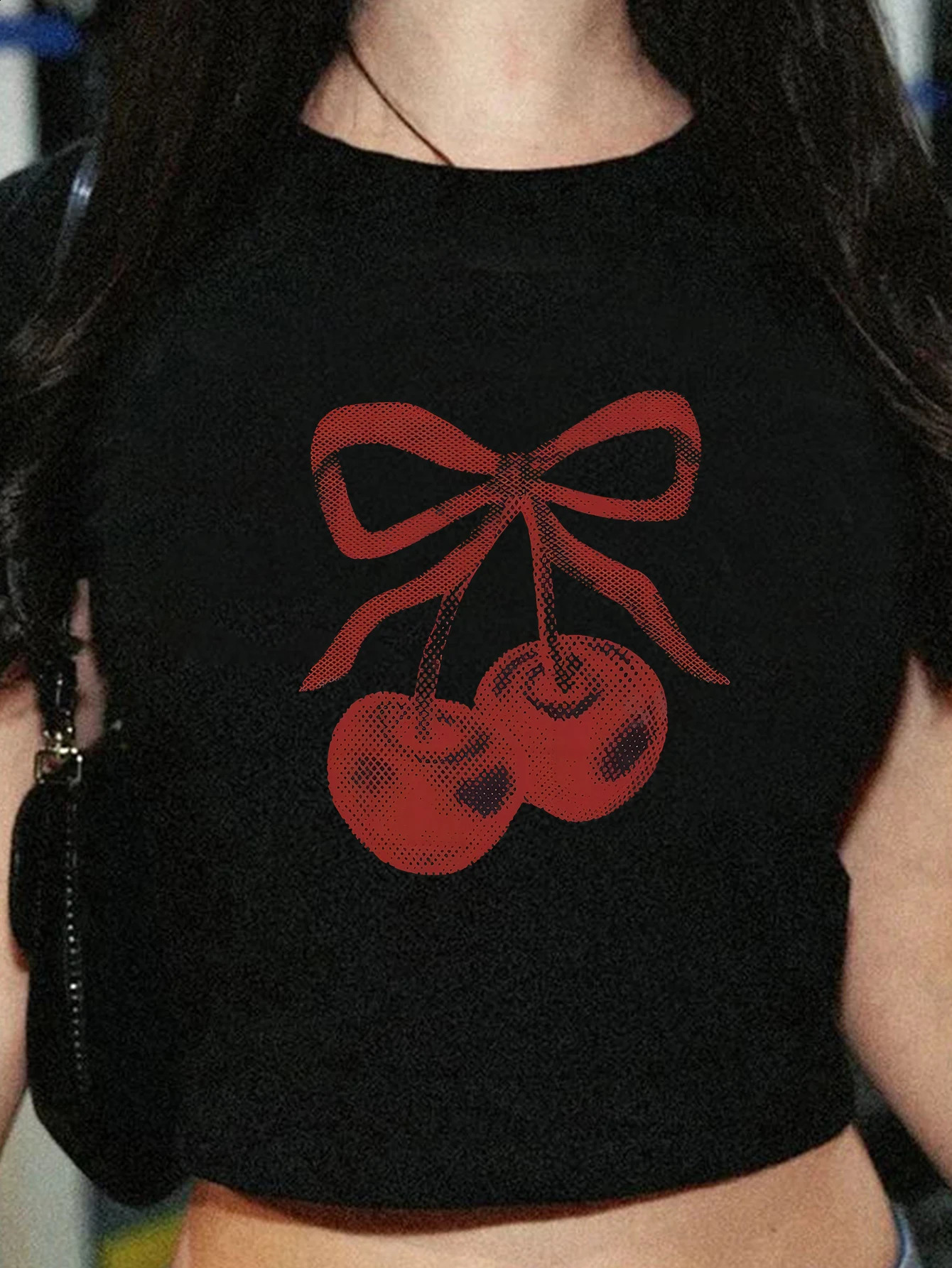 Red Cherry Bow Printed Summer Fashion Womens Fashion Edition Short Top 250410