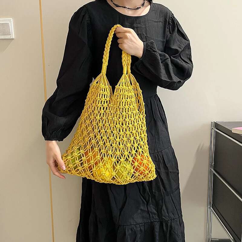 Handmade Beach Bag Women Bucket Cotton Beach Casual Hollow Out Solid Soft High-Capacity Shoulder Bag Travel Handbag Kq1