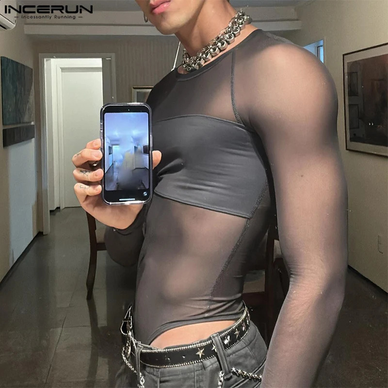 Mens tight fitting clothes with mesh splicing O-neck long sleeved sexy jumpsuit mens T-shirt fitness transparent fashion tight fitting clothes INCERUN