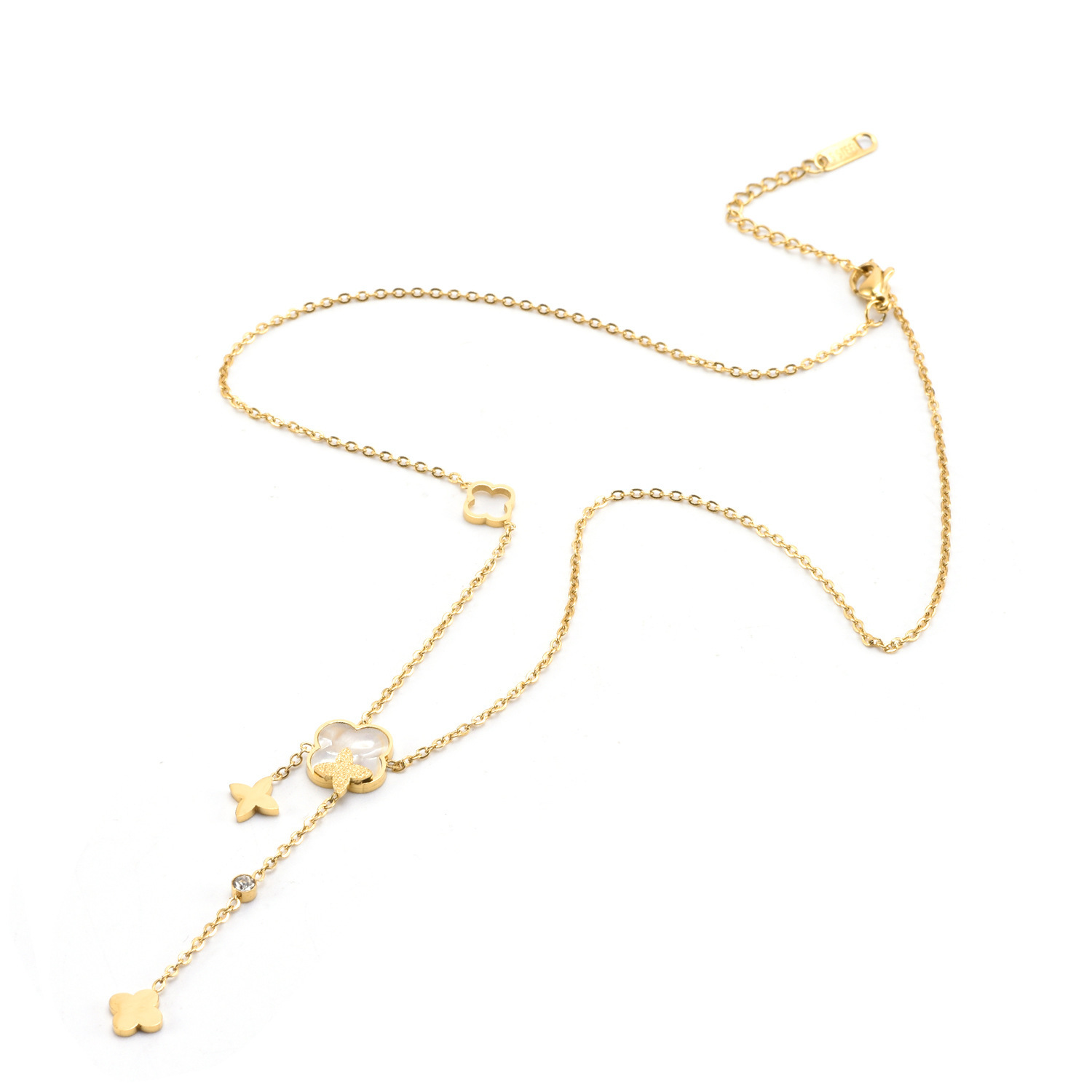 New Fashion Niche Design gold Titanium Steel for Women White Shell Zircon Old Flower Tassel Necklace