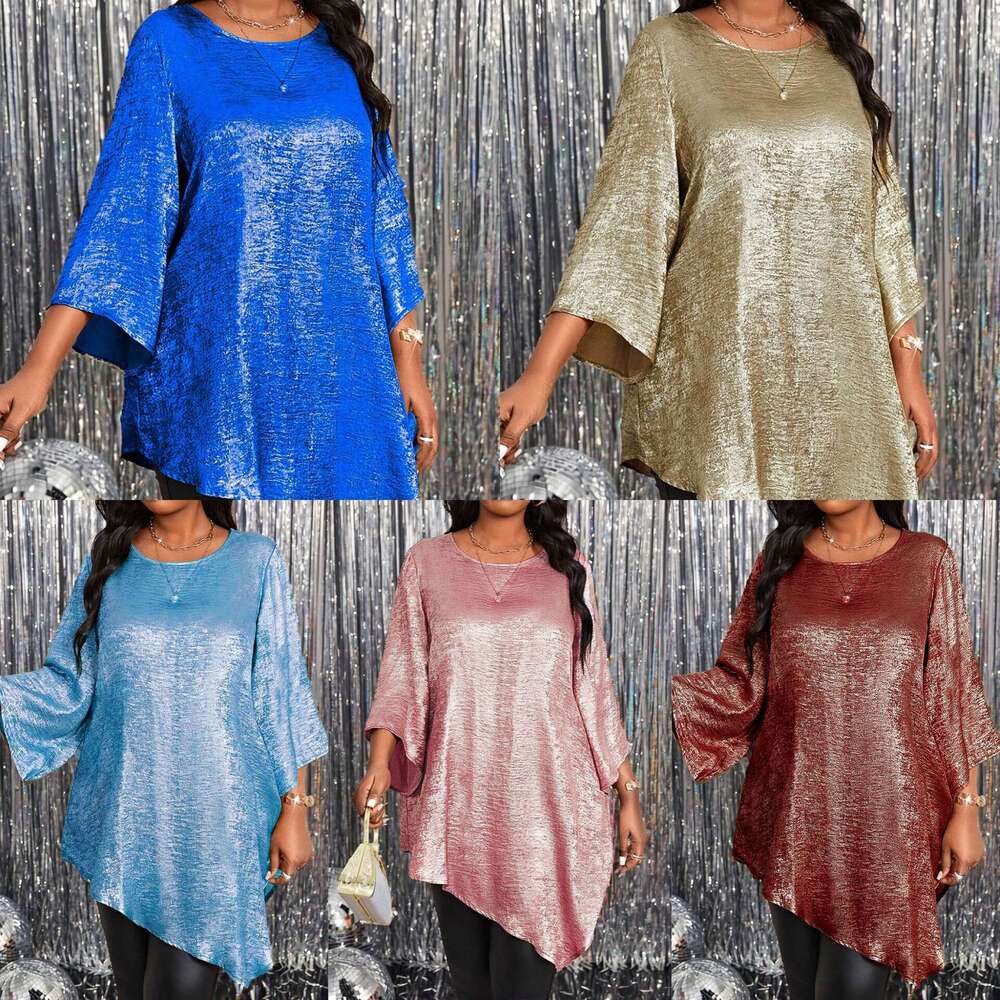2025 New Plus Size Loose Solid Color Round Neck Nine-Quarter Sleeve T-Shirt Irregular Top Shirt for Women designer