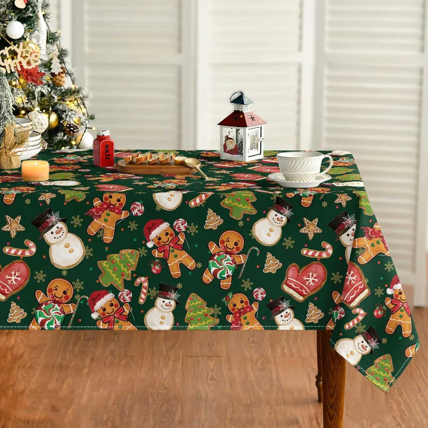 Christmas Merry Christmas Gingerbread Man Polyester Tablecloth for Table Decor Winter Xmas Kitchen Dining Table Cloth Christmas Decoration Y251113