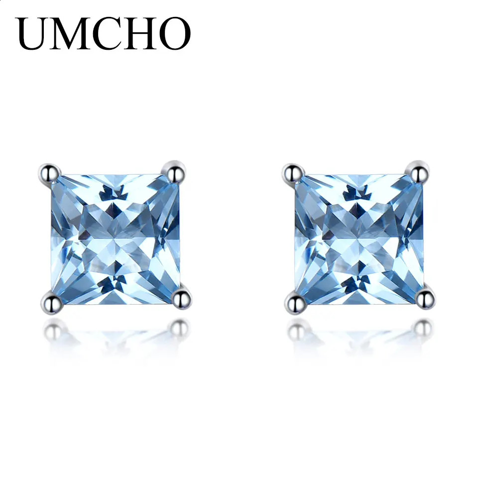UMCHO 925 sterling silver stud earrings suitable for female princess cutting sky blue yellow jade earrings exquisite jewelry blue gemstones gift 25040