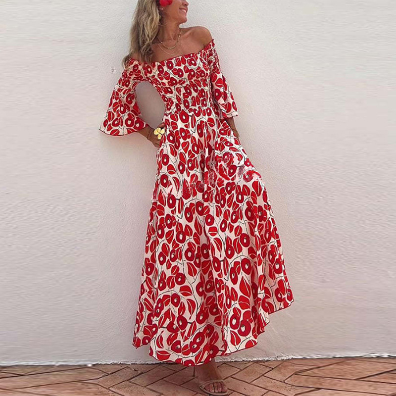 Dress 2025 Spring/Summer New Vacation Style Off Shoulder Trumpet Sleeve Floral Long Dress for Women