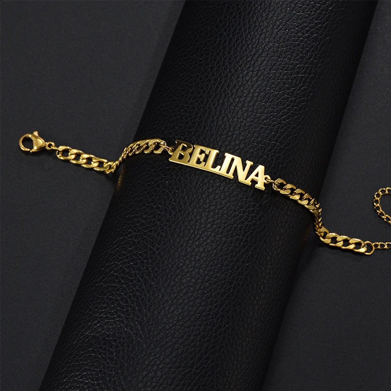 Goxijite Customized Womens and rens Name Bracelets Stainless Steel Alphabet Name Plates Thick Chains Charm Bracelets Jewelry Gifts 250408