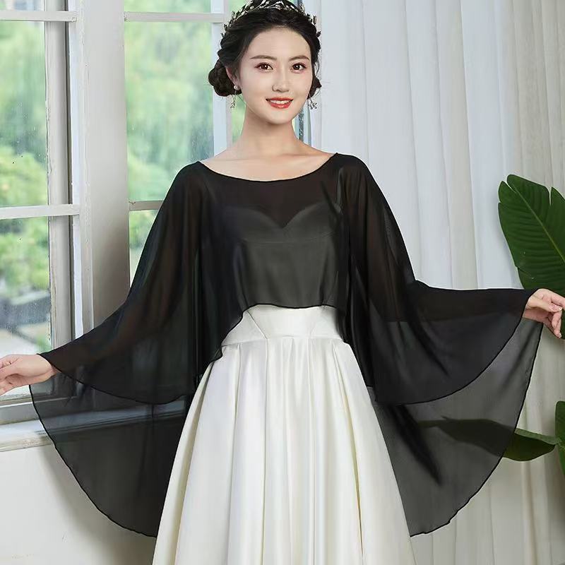 K384 Short solid color chiffon cape round neck thin loose breathable shawl go out all-match simple cloak