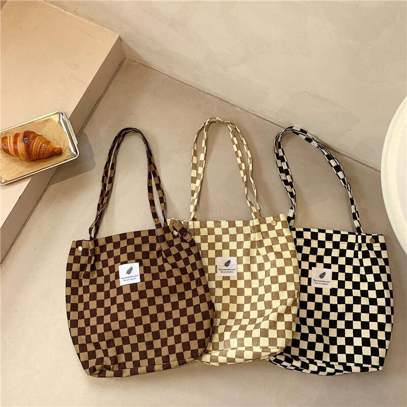 012174 Corduroy Checkerboard Single Shoulder Tote Female Student Classroom Canvas Minimalist Handheld Cloth Bag