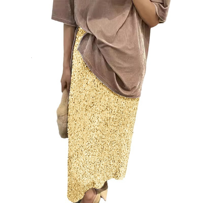 2025 New Fashionable High Waist Slimming Glitter Half Skirt for Women with Elastic Waist and Back Split Elastic Straight Tube Long Skirt