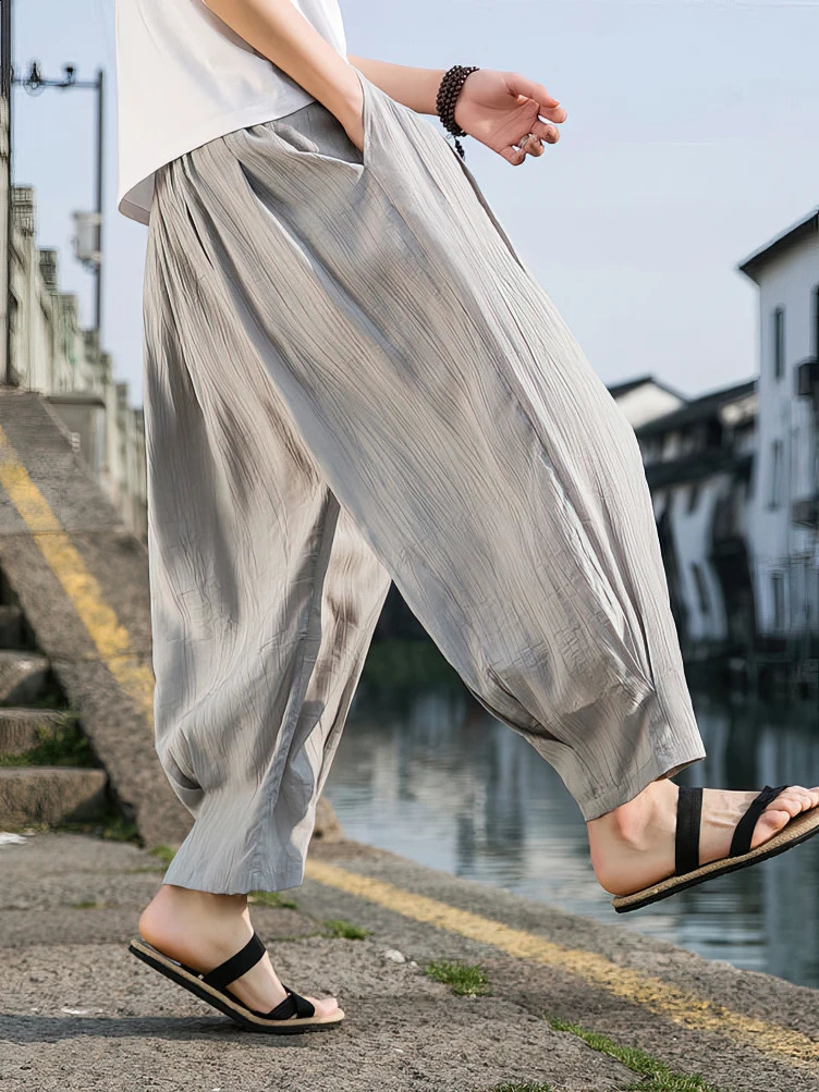 Ice silk casual linen pants mens oversized Chinese summer wide leg pocket sports pants mens outdoor sports harem Trouser 250410
