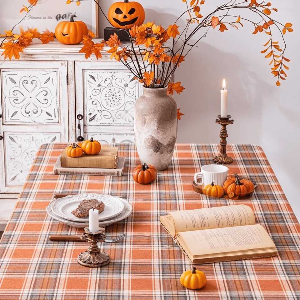 Christmas Autumn square checkered rectangular tablecloth Halloween and Thanksgiving orange-red restaurant and kitchen themed party daily Y251113