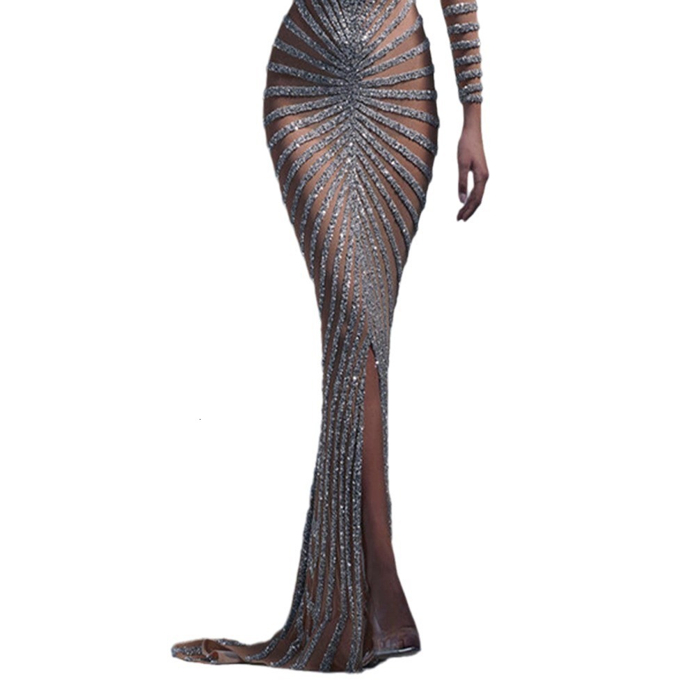 2025 Spring New Fashionable Hot Diamond Womens Mesh Transparent Long Sleeve Split Long Dress