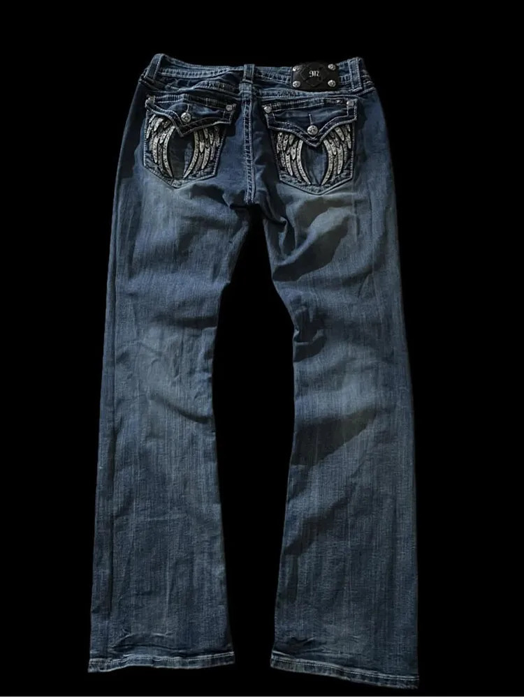 American retro ultrathin Flare jeans Y2k Harajuku Gothic pocket embroidered blue denim pants low waist wide leg Trouser 250410