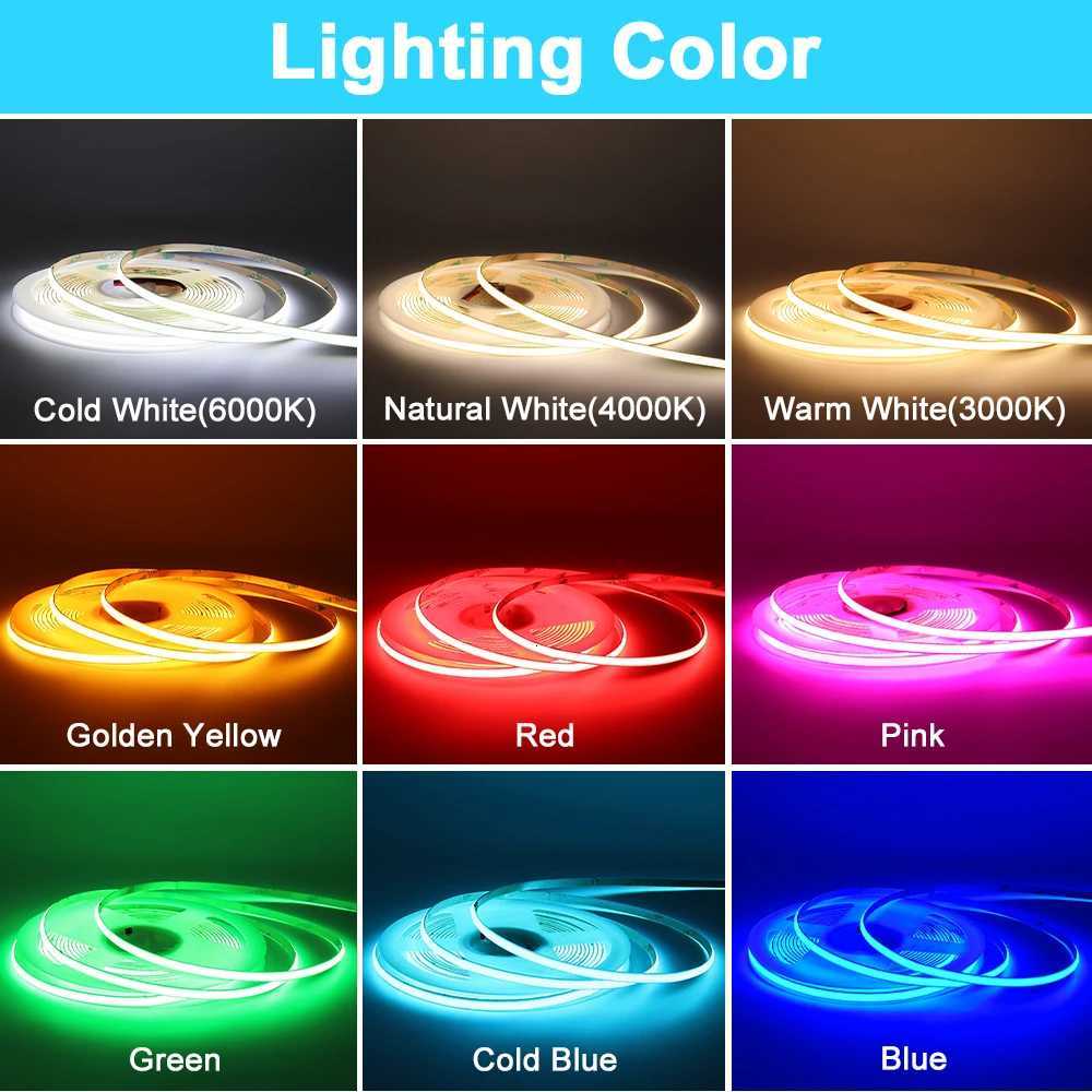 5M LED Strip Light 12V 24V COB LED Strip High Density Flexible Dimmable LED Tape Red/Yellow/Green/Pink/Blue/Cool Blue/Warm White W251112