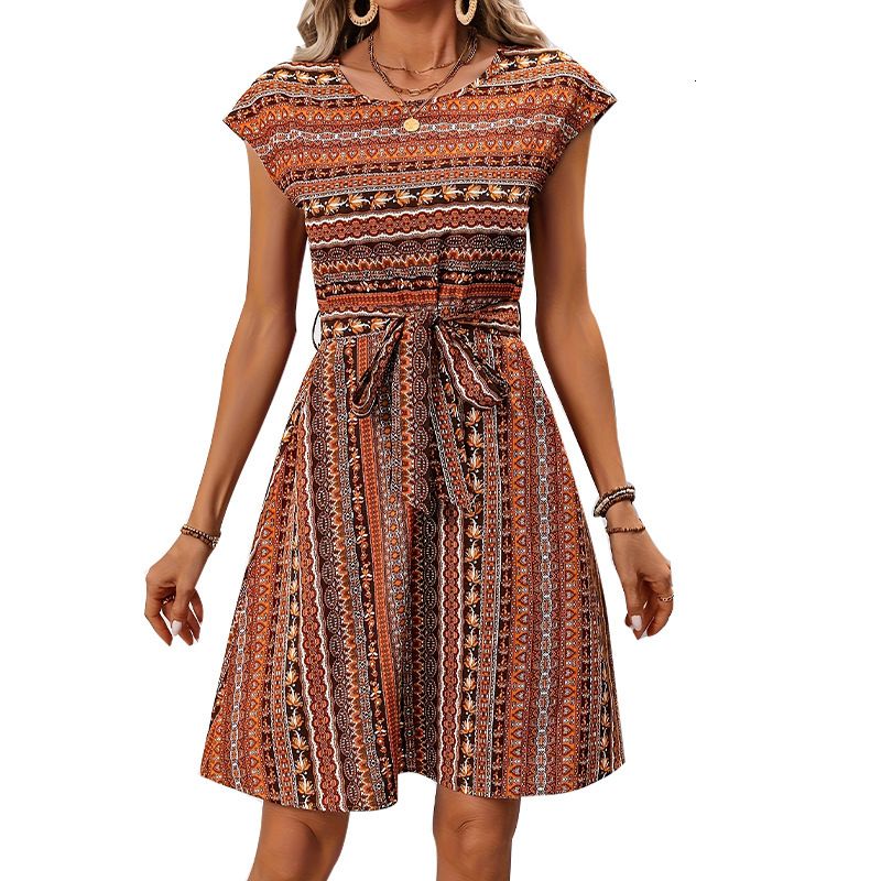 Spring/Summer Vacation Ethnic Feng Shui Printed Striped Dress Belt A-line Skirt Three Sleeve Mid length Skirt
