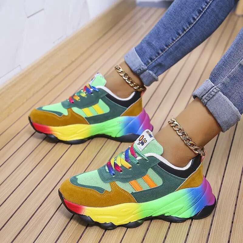 2025 New Designer Big Shoes With Rainbow Soles And Stylish Lace Flying Woven Breathable Casual Sports Single Shoes For Women