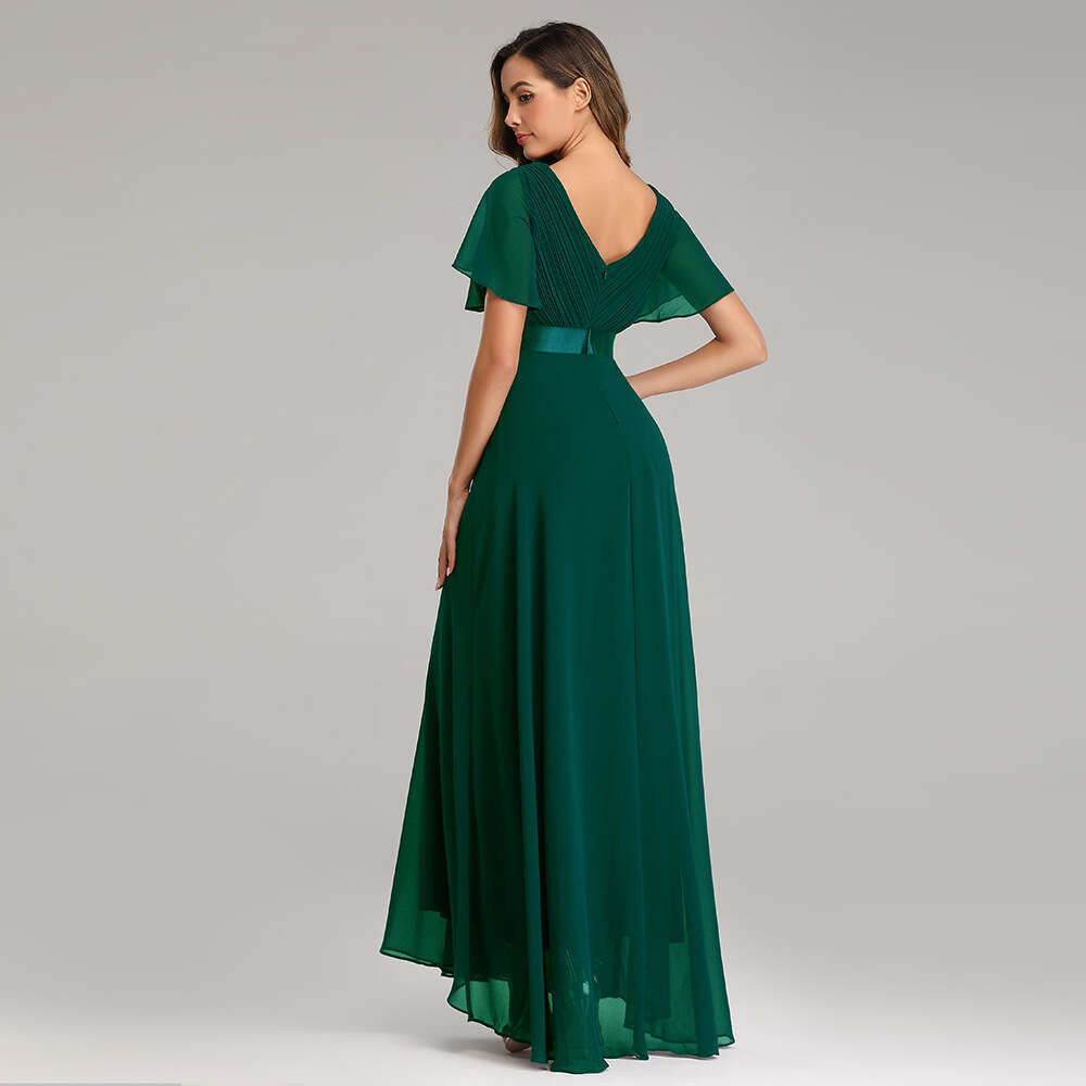 Designer 25 Spring/Summer Handmade Folding Big Swing Double V-Neck Trumpet Sleeve Elastic Chiffon Banquet Bridesmaid Large Evening Dress