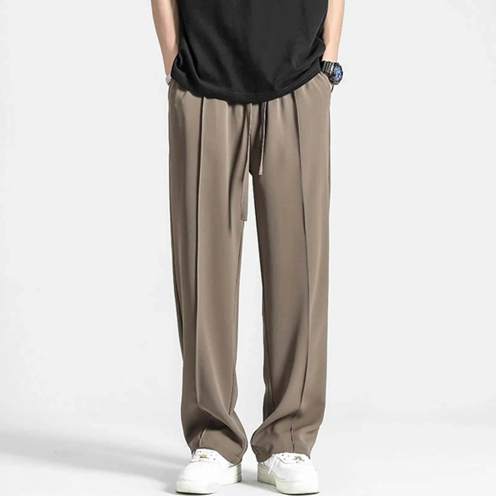Ultra thin mens pants wide leg pants Trousers straight high waist solid color casual pants black and white khaki colorXJ250412