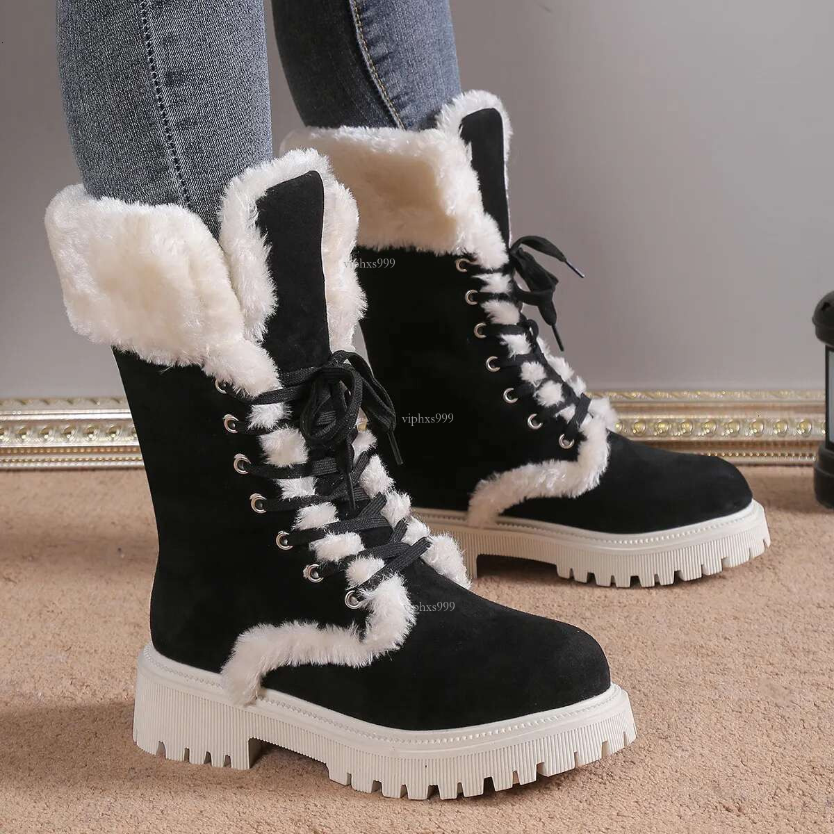 New Free Shipping Designer Shoes Autumn And Winter Oversized Plush Warm Thick Soled Mid Length Boots Fashionable Round Toe Lace Up Snow Boots For Wome