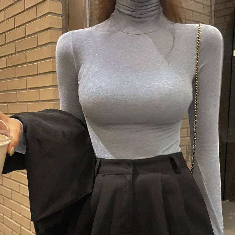 Basic ultrathin Tshirt womens spring turtle neck long sleeved shirt solid casual top elastic flat thin office ladies 250407