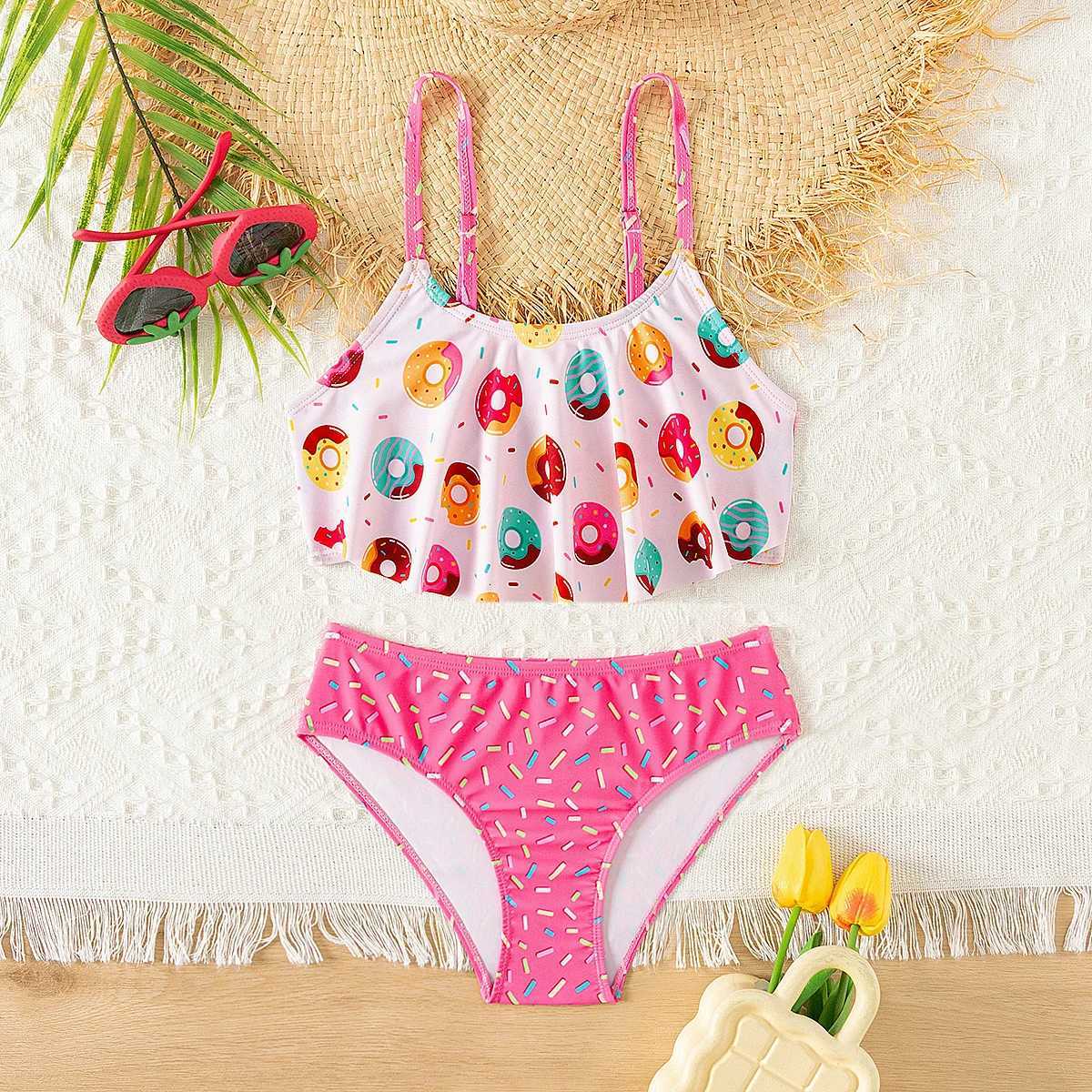 Donut Print Ruffle Deco Girls Kids Bikini Set Summer Beach Outdoor Cute 2-piece swimwear Contrast Adjustable Girls Kids SwimsuitW251113