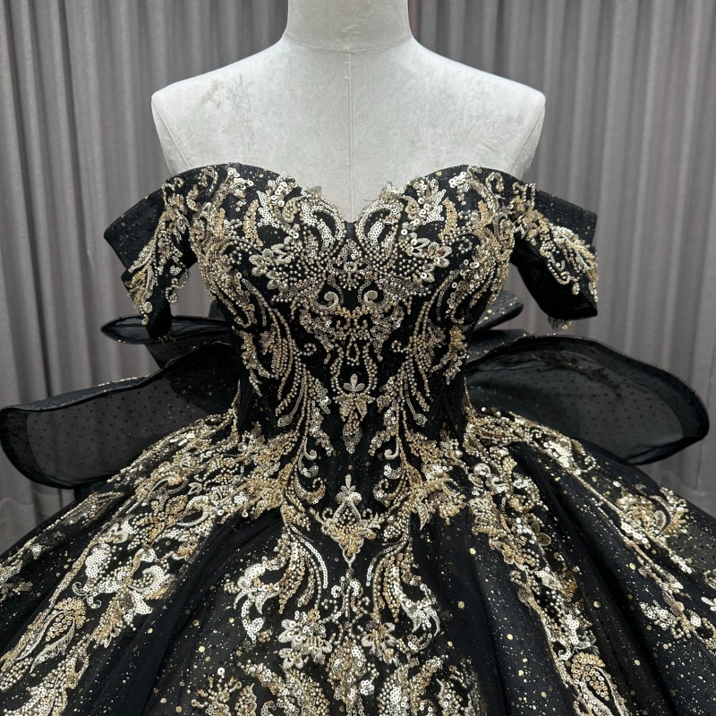 Black Shiny Princess Quinceanera Dresses Off Shoulder Applique Lace Beads Bow Tull Corset Sweet 16 Dress Ball Gown Vestidos 15 Anos