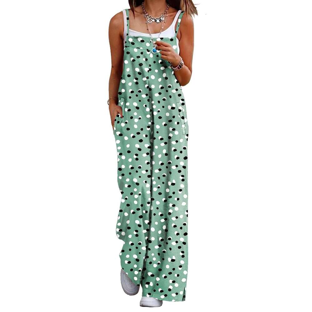 2024 new suspender printed pocket loose and versatile casual women's jumpsuit