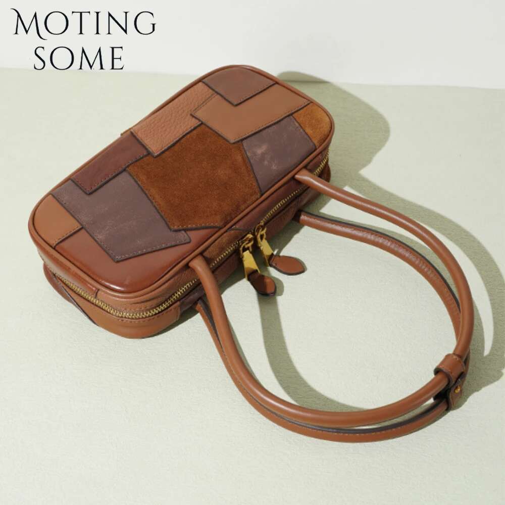 Motingsome 2025 First Layer Cowhide Woman Bag Designer Retro Splicing Bowg Briefcase Shoulder Handbag Underarm Tote