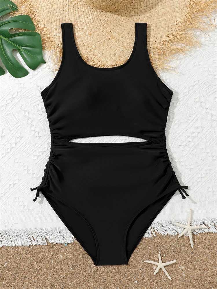 One Piece Girls Kids Swimsuit 2026 New Black Sling Hollow Out Children Swimwear Summer Bodysuit Beachwear Bathing Suit SwimmingW251113