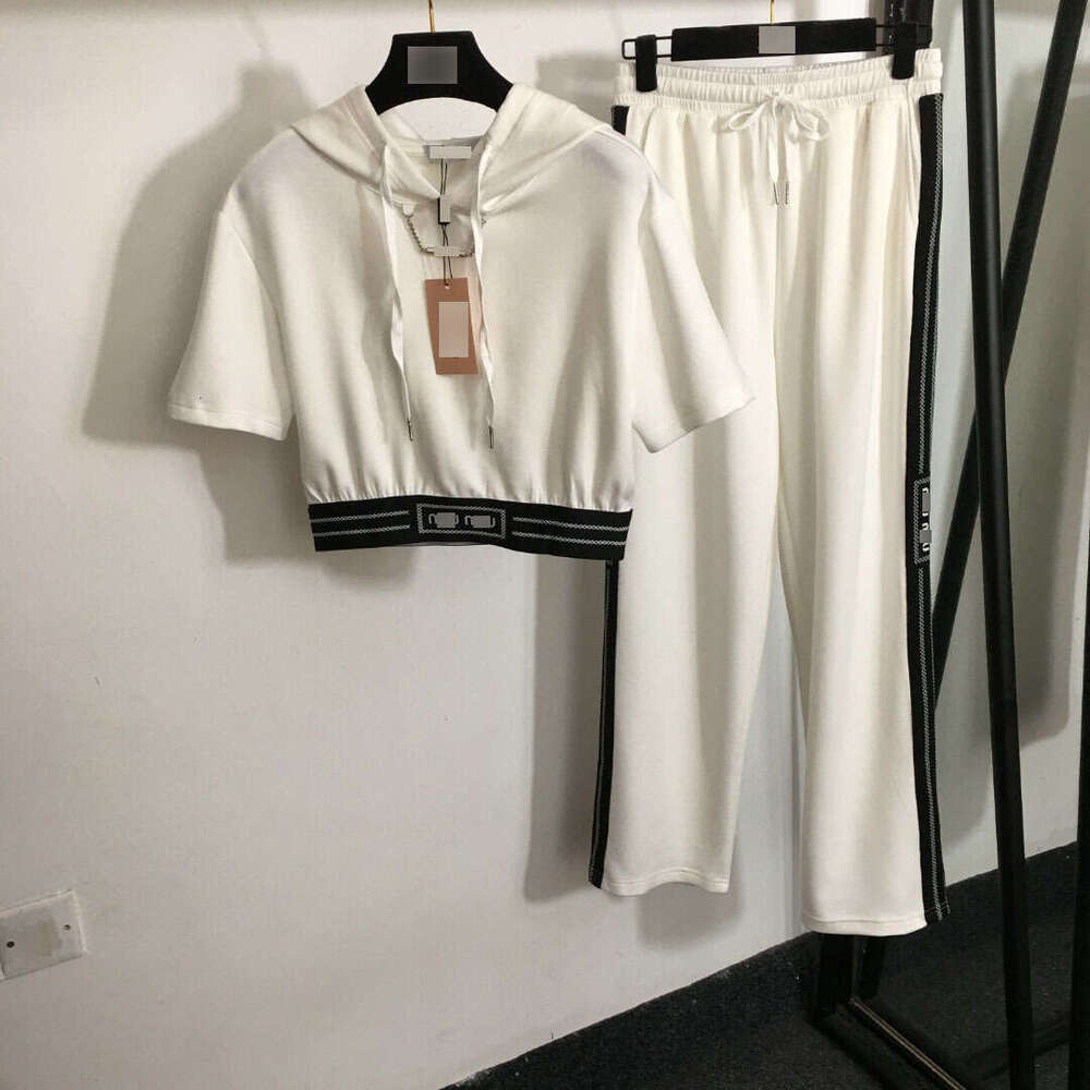 25 new sports suit chain decorative woven short sleeved hooded T-shirt+elastic waisted casual pants