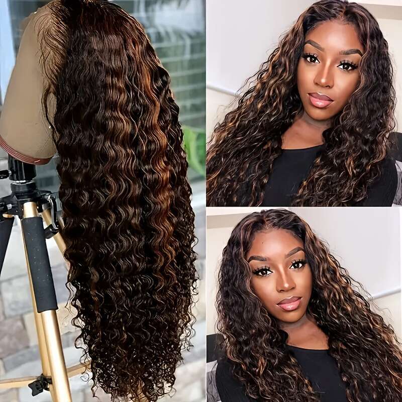 Halloween Highlight Front 1B/30 Black And Brown Deep Wave Glueless Cut 13X4 HD Lace Frontal Wig Human Pre Plucked With Baby Hair 180% Density Party Wi