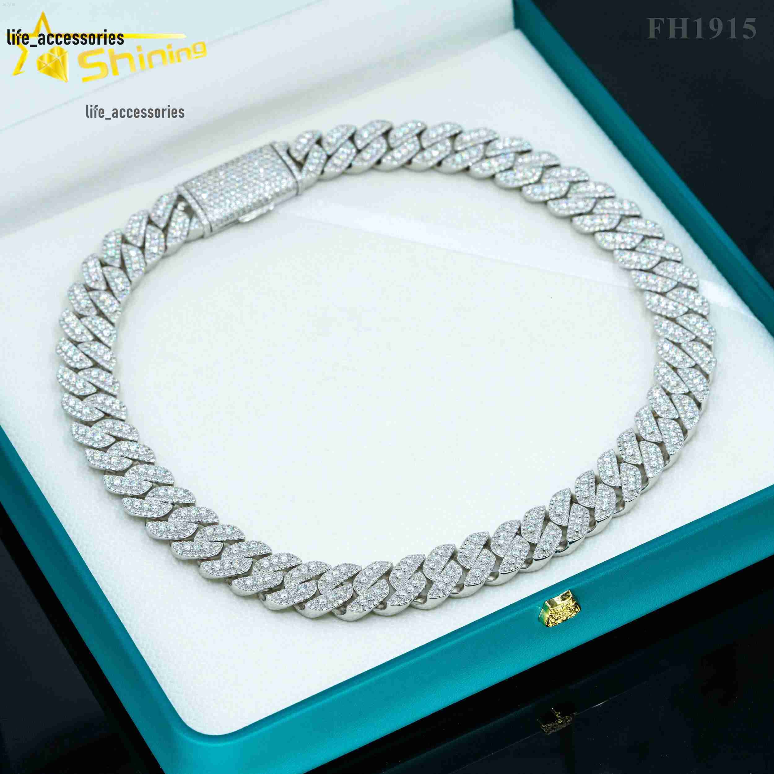 Fine Jewelry Hip Hop Gold Plated 925 Silver 12mm 15mm 18mm Vvs Moissanite Diamond Cuban Link Chain Iced Out