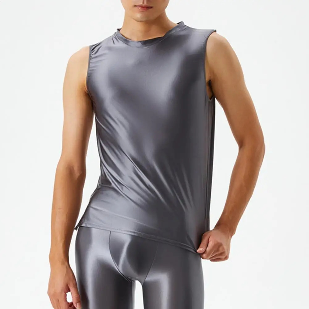 Mens Oil Shiny Glossy Tank Tops Sleeveless Slim Fit Vest Tshirts Fitness Gym Sport Satin Shirts Rave Party Clubwear Swimwear 250407