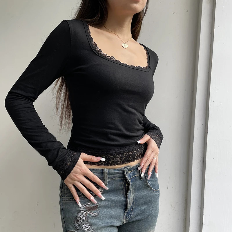 Sexy black Tshirt for women autumn lace fashionable streetwear Oneck casual slim fit long sleeved womens paradigm top 250407