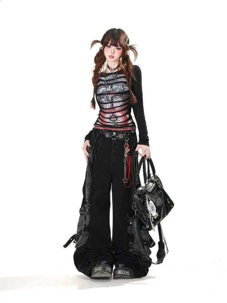 American retro street non mainstream doublelayer 3D tear hole decoration girl Tshirt womens waist top slim 250407