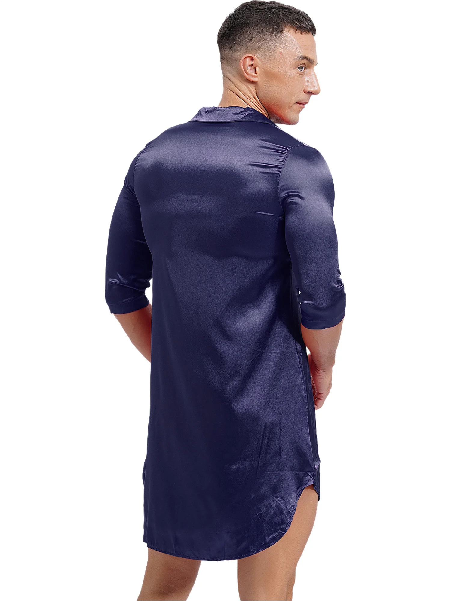 Mens Womens Satin Nightshirt Nightgown V Neck Half Sleeve Sleepwear Nightclothes Glossy Loose Night Robe Homewear Nightwear250403