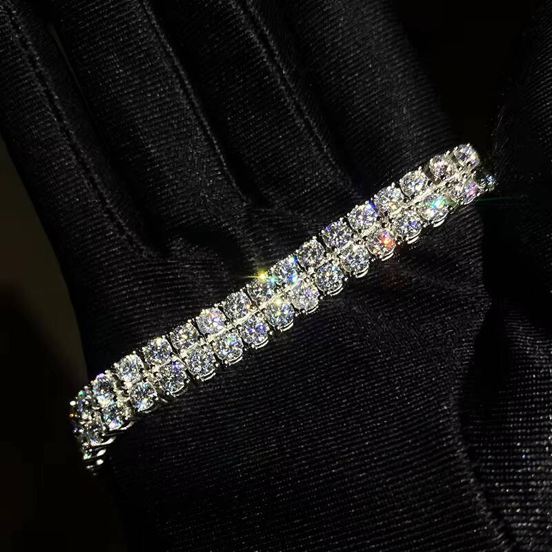 925 Silver Hip Hop VVS Moissanite Diamond Tennis Bracelet Iced Out Two Rows 6mm D Color Moissanite Tennis Bracelet