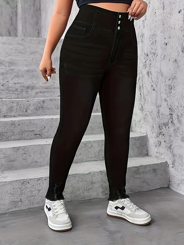 Women Plus Size Black Stretch Jeans Wide Waist Multi Button Fashion Casual Washed Denim Trousers Female Cotton Skinny Pencil Pan 250410