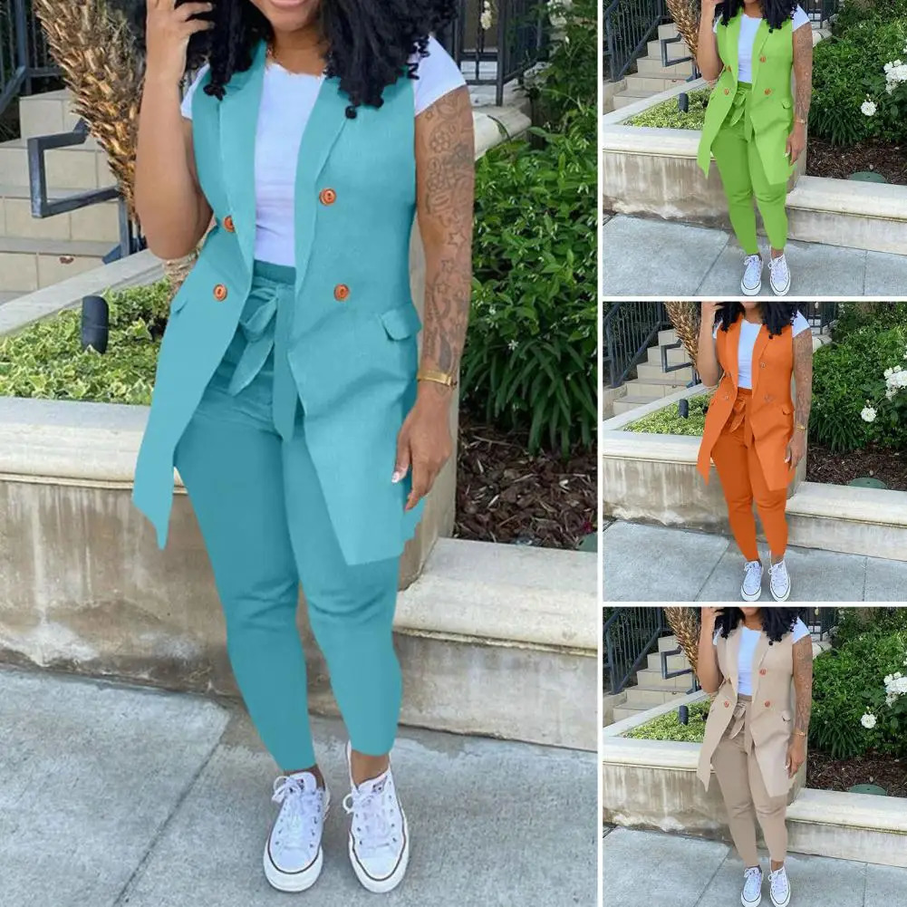 2 PcsSet Women Coat Trousers Suit Sleeveless Lady Waistcoat Trousers Suit Slim Fit Coat Pants Set 250410