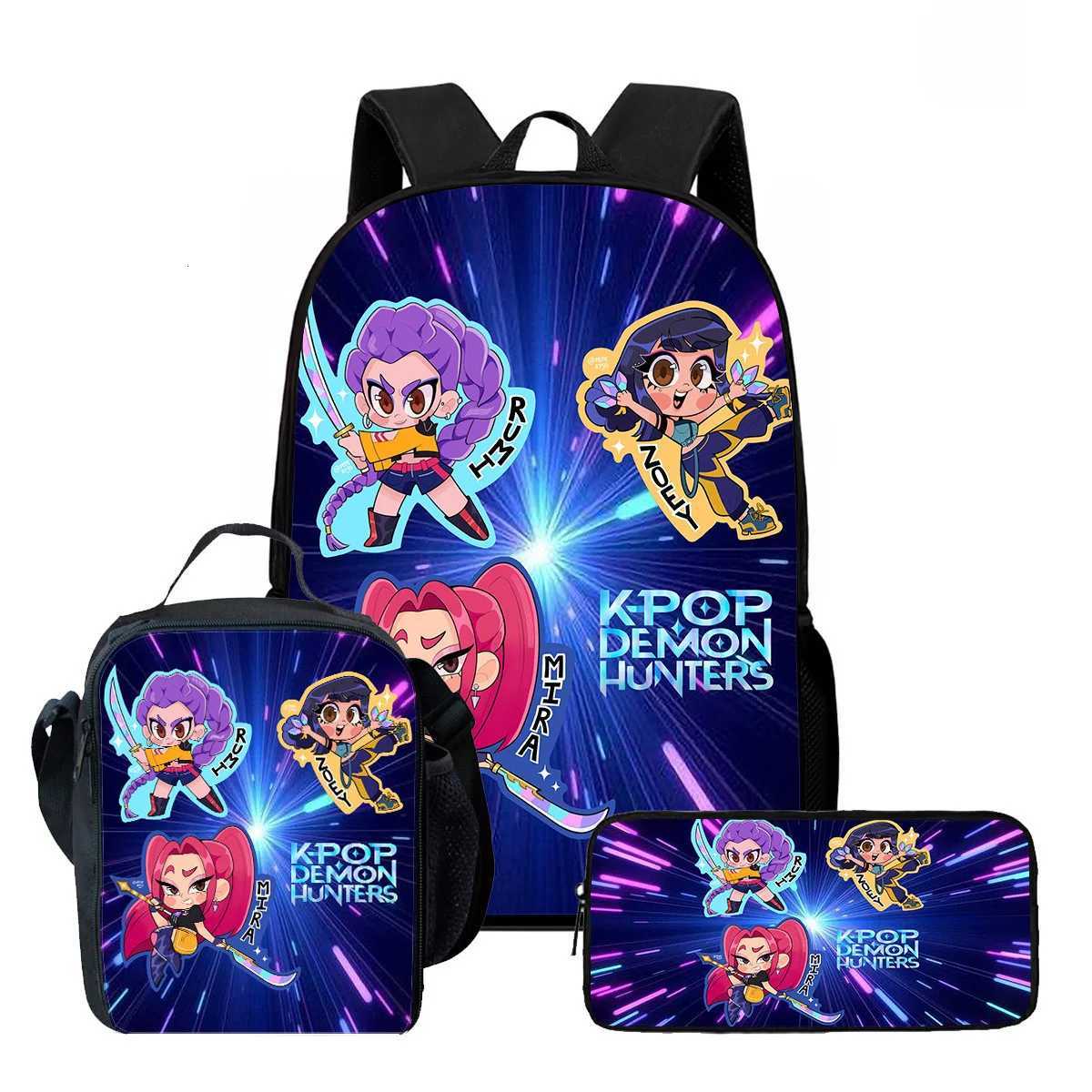 3Pcs Kpop Demon Hunters Huntrix School bags Set for Girls Boys Pencil Boxes Backpack Sets with Lunch Box For School DaypackW251113