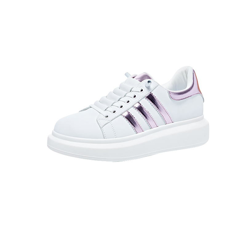 2025 Summer Hot New Fashion Women Casual White Sneakers Thick Sole PU Leather Color Blocking Lace Up Sports Shoes Comfortable Soft Bottom Small Plus S