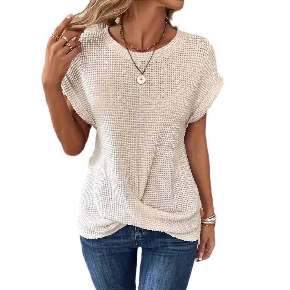 2025 Spring/Summer New Solid Color Round Neck T-Shirt Elegant Short Twisted Top Women's Wear