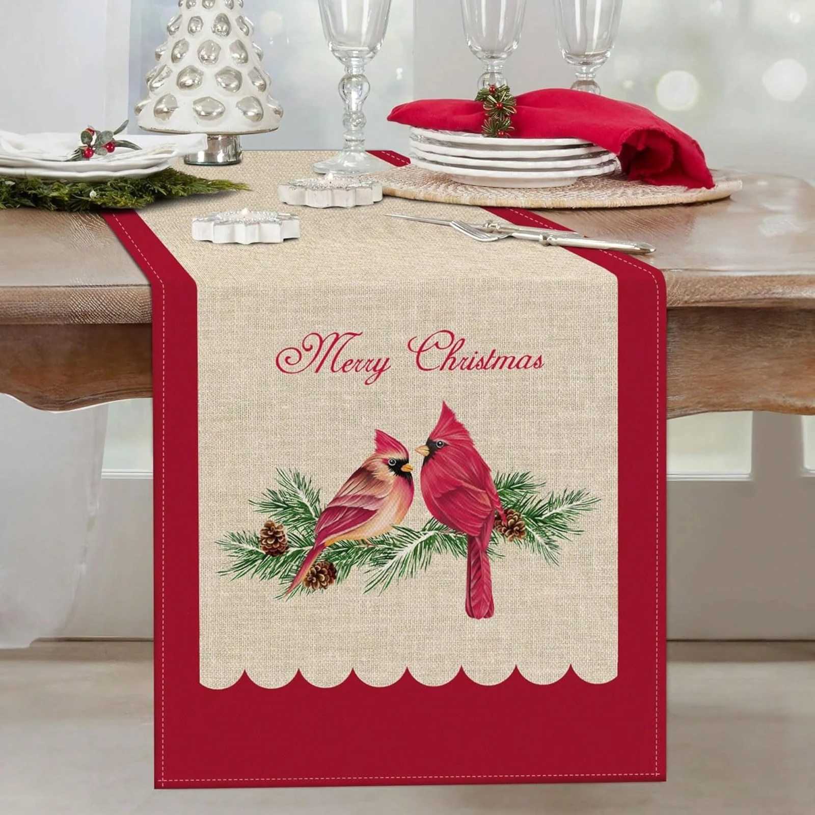 Christmas Christmas Table Runner With Red Bird On Pine Tree Winter Holiday Decor Kitchen Dining Table Decoration Home Party Table Flag Y251113