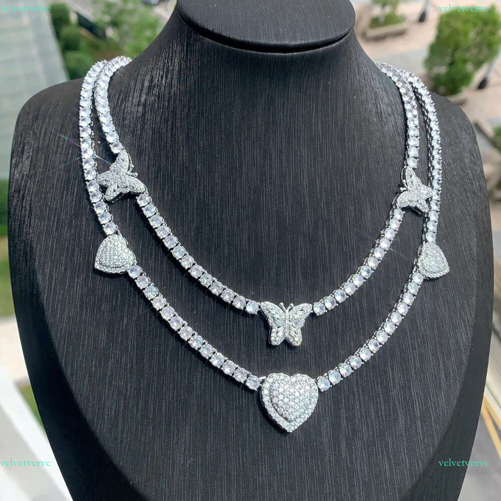 Iced Out Bg Cz Butterfly Heart Tennis Necklace Micro Paved Cubic Zirconia k Chain Best Gift for Women Hip Hop Jewelry
