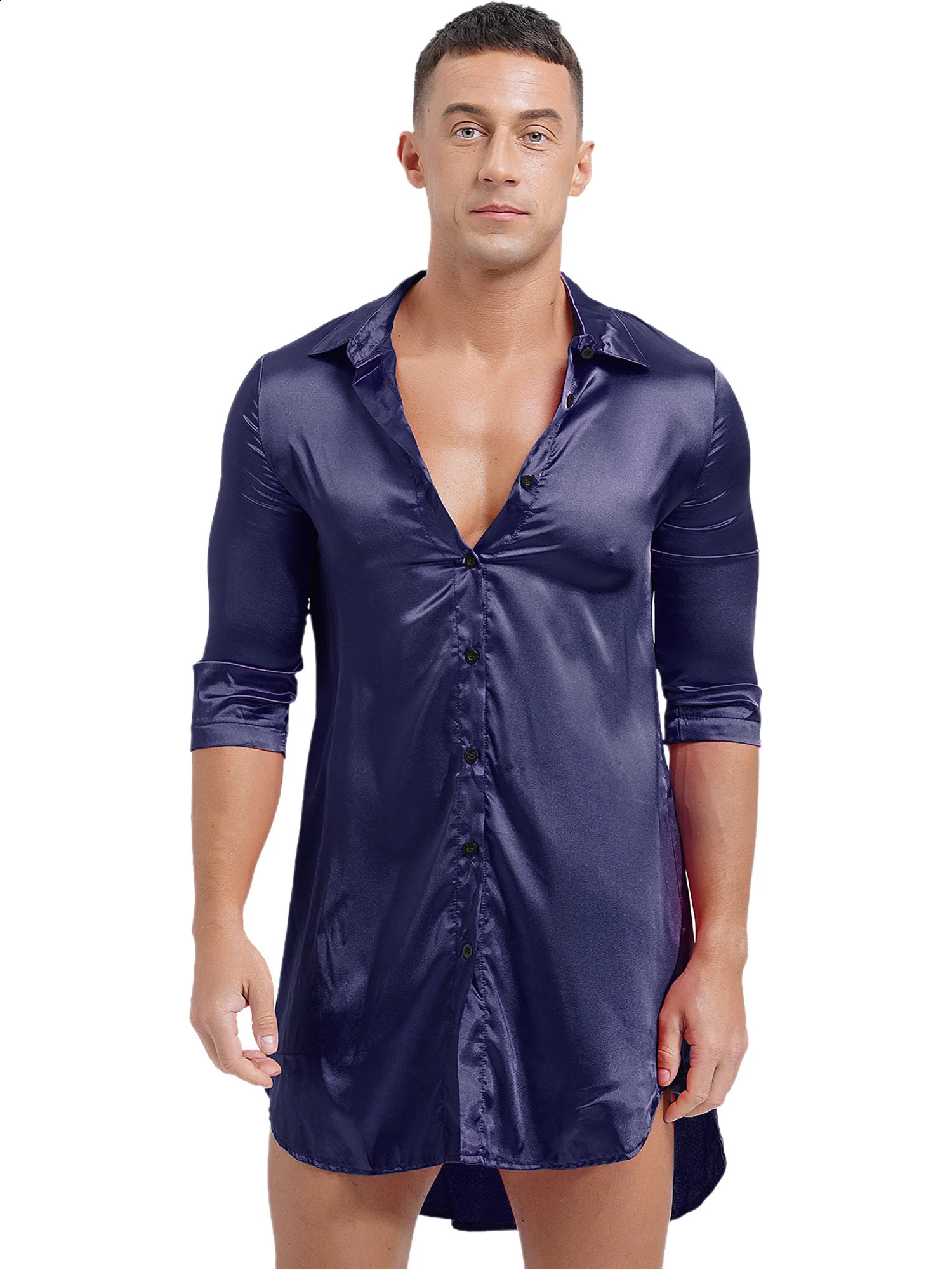 Mens Womens Satin Nightshirt Nightgown V Neck Half Sleeve Sleepwear Nightclothes Glossy Loose Night Robe Homewear Nightwear250403