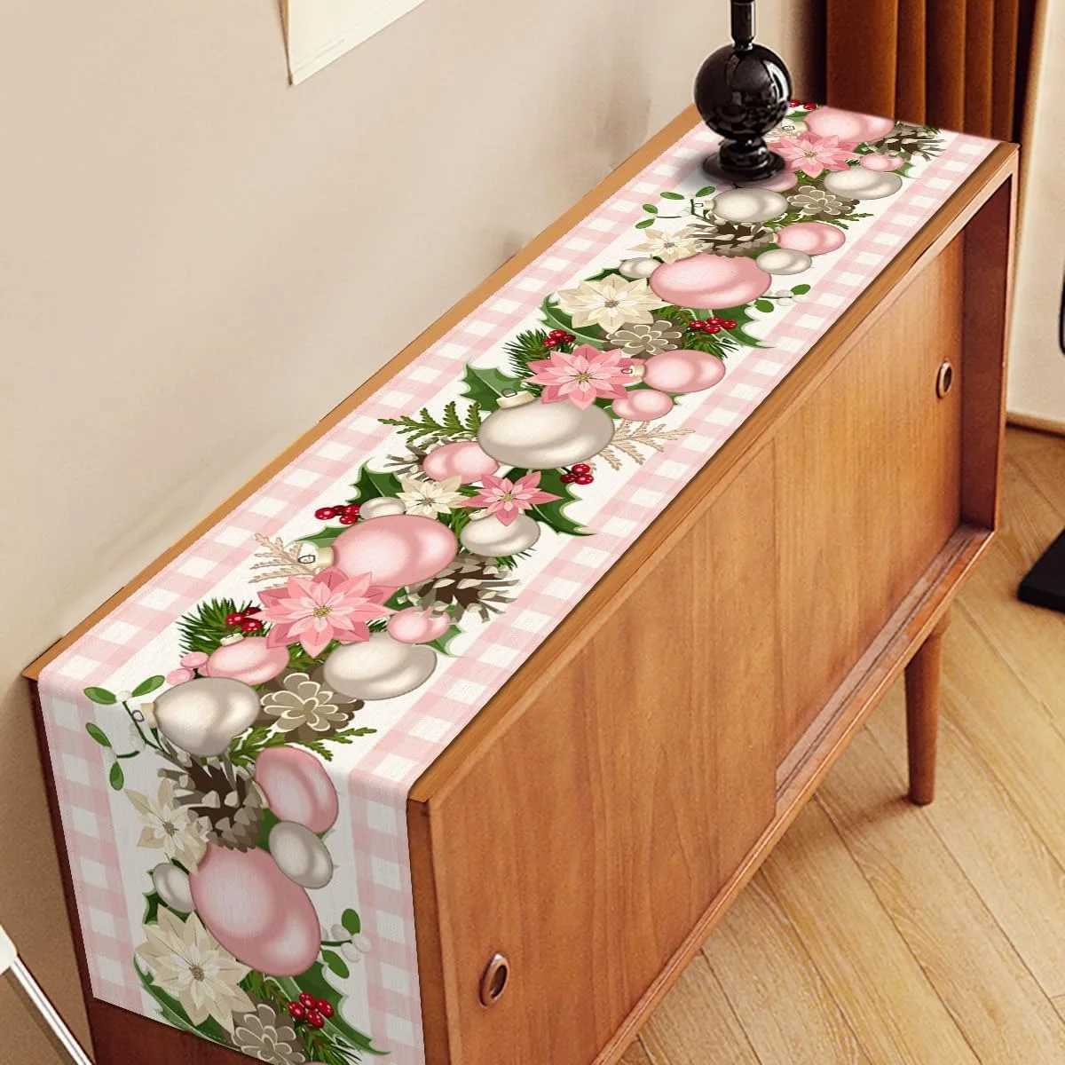 Christmas Pink and Silver Christmas Ball-Patterned Checkered Christmas table flag New Year home party decoration Y251113