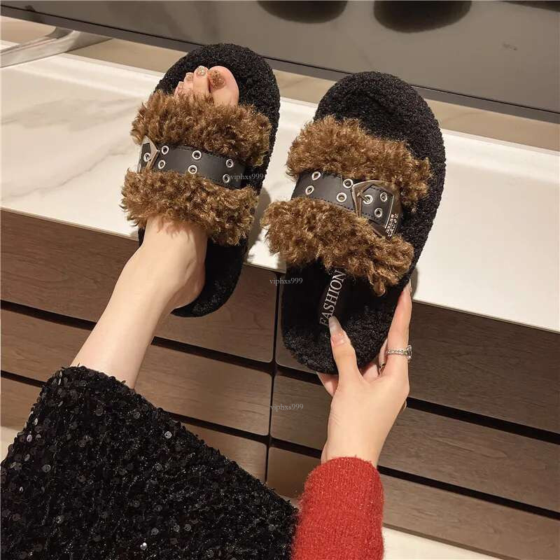 New Free Shipping Designer Shoes Premium Thick Bottom Belt Buckle Hairy For Women's Winter Outerwear 2025 Style With Skirt Teddy Plush Cotton Sli