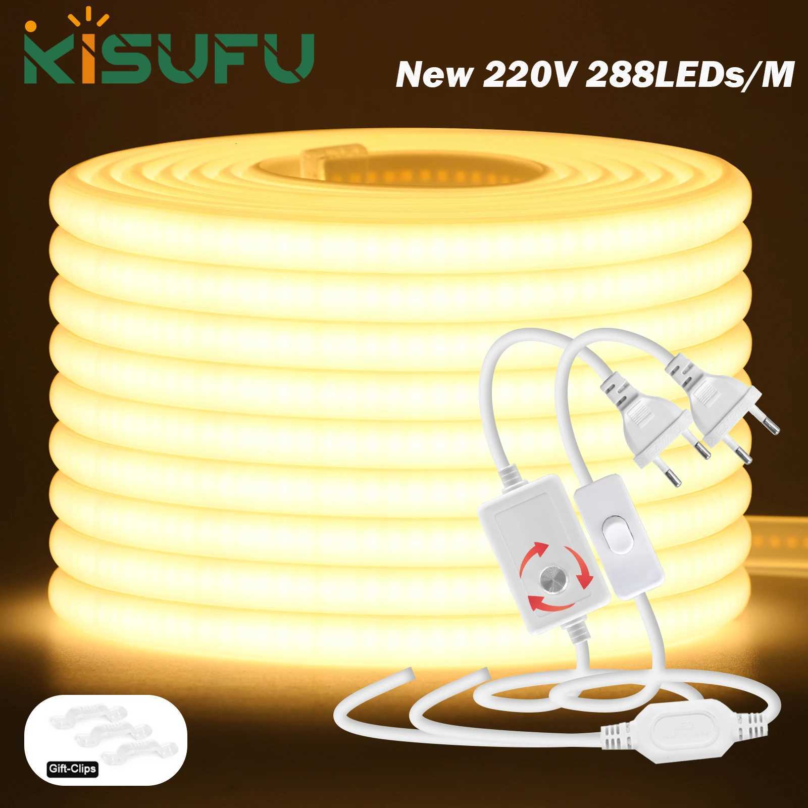 220V Dimmable COB LED Neon Strip Light With Switch/Dimmer Plug Waterproof 288Leds/M High Quality Neon Strip Garden Home Lighting W251112