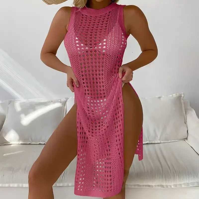 Womens holiday sexy cutout crochet cover swimsuit sleeveless bikini dress smock high slit beach knit solid swimsuitW251113