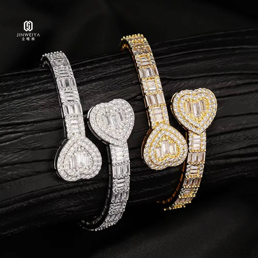 JWY Jewelry Hip Hop Moissanite Cuban Bracelet for Men Women Geometric Heart Spring Buckle Link Chain Soft Bracelet